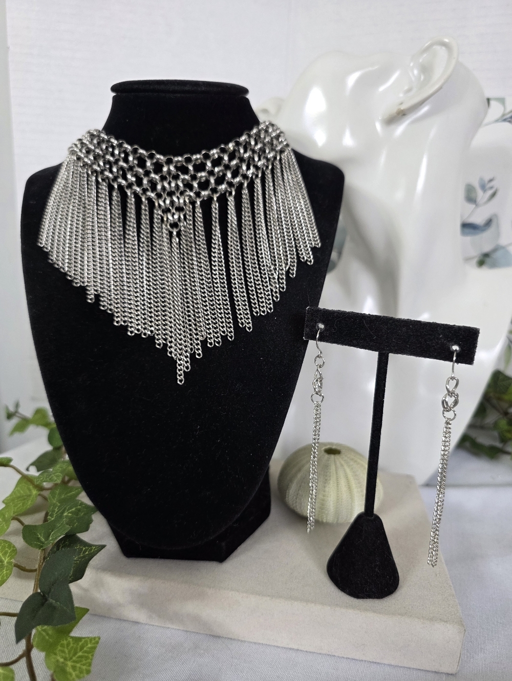 Silver Chainmail Fringe Choker & Dangle Earring Set | Edgy Statement
